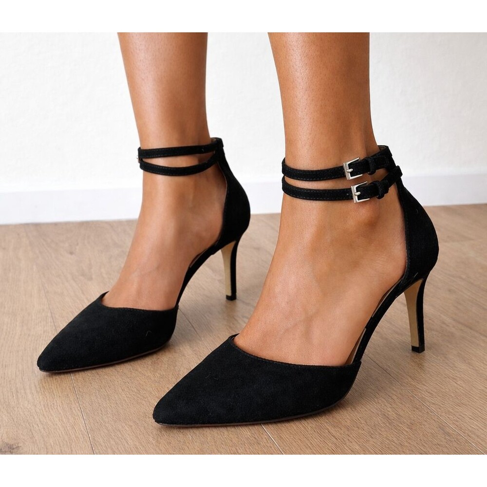 Adrienne Vittadini Black Suede Ankle Strap Stiletto Heels Womens 8M